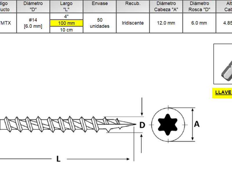 Tornillo Turbo Screw Torx 14 [6.0] X 100 Chile