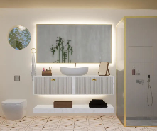 Remodelación de baños con lavamanos doble y espejos iluminados Chile